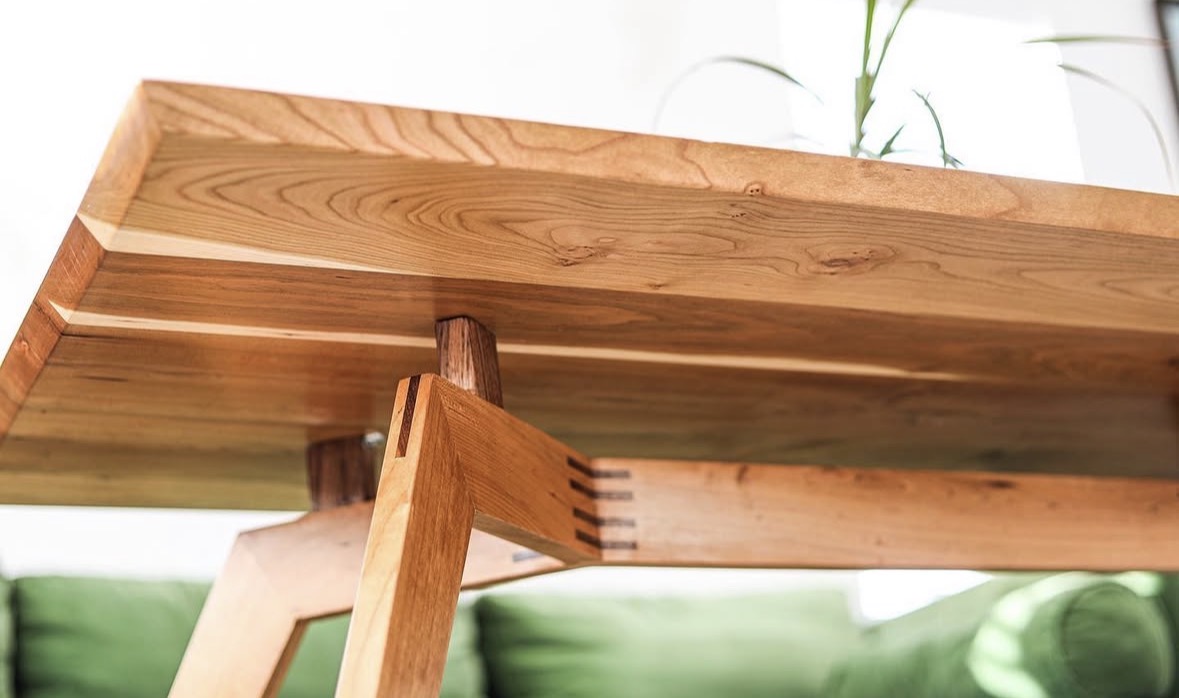 Close view of Scott’s coffee table showing the wood grain and joinery